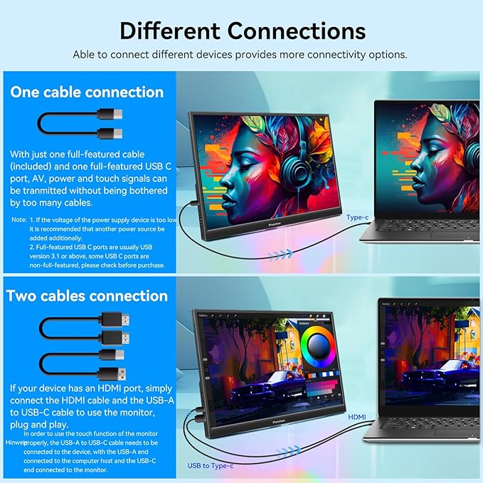 Portable Monitor Touchscreen 16 Inch FHD 1920x1200P HDMI USBC Travel Touch Screen Monitor IPS Display for PC Laptop Computer Ras Pi 300cd/㎡ Built-in Speakers