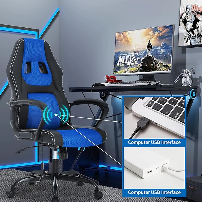 Video Gaming Chair with Massage Function Ergonomic Computer Desk Chairs Home Office Desk Chair with Lumbar Support Adjustable Height Swivel Wheels Blue