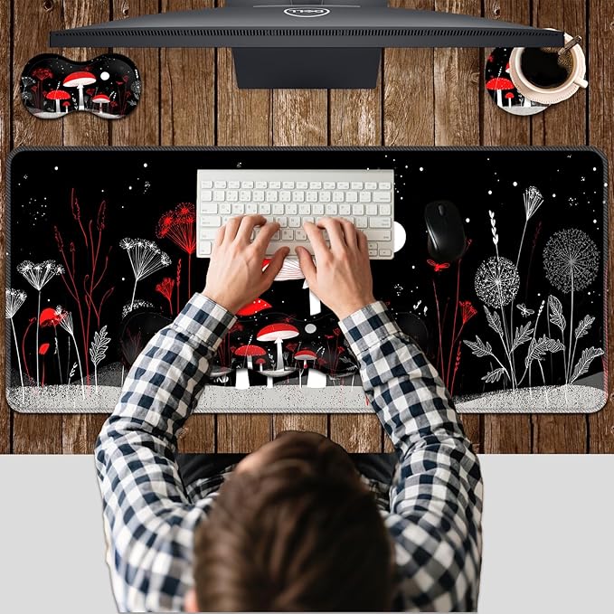 Ergonomic Keyboard Wrist Rest &amp Mouse Pad Wrist Rest SetXL Gaming Desk Mat 31.5x 11.8Non-Slip BaseMemory FoamEasy Typing Pain Relief for Office &amp HomeMagic Mushroom Garden