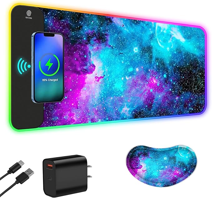 ToLuLu Wireless Charging RGB Gaming Mouse Pad 15W LED Mouse Mat with 30W Charger 14 Light Modes Large Mousepad with Wrist Support Non-Slip Rubber Base Desk Mat Computer Keyboard Pad Galaxy Nebula