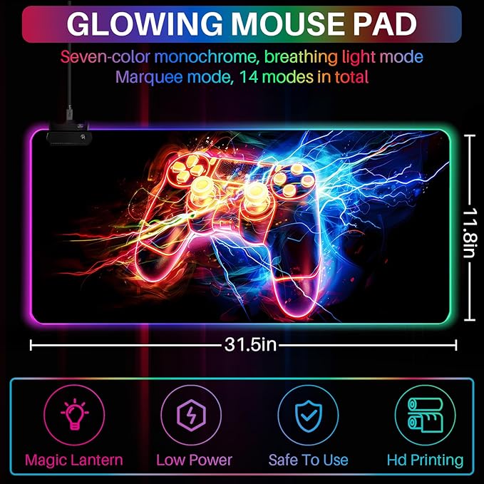 XL Led Gaming Mouse Pad with 14 Light Modes - Light Up Gamer Mouse Pad31.5 x 11.8in Non-Slip Gamepad Style RGB Large Gamer MousepadBlack Long Glowing Gaming Accessories for DeskWaterproof