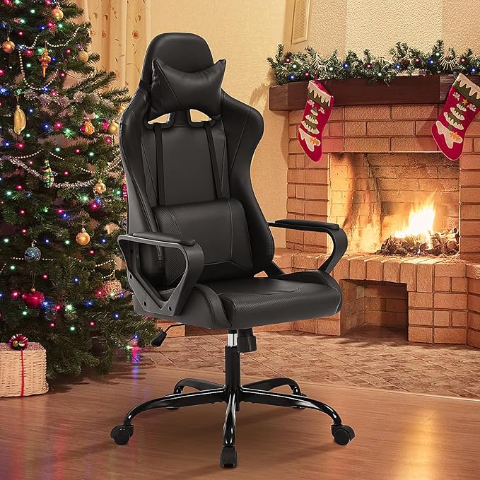 BLKMTY Gaming Chair Video Game Ergonomic Office Racing Computer PU Leather Chair - High Back Executive Task with Lumbar Support Headrest Swivel Chairs Black
