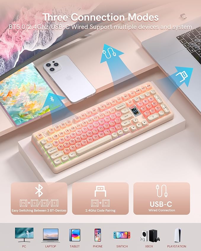 Keymatic Foundation Mechanical Keyboard98% Pink Creamy Keyboard Gaming Keyboard3 Mode with Multimedia ScreenRGB BacklitJelly MOA Profile keycaps for Win/MacPink