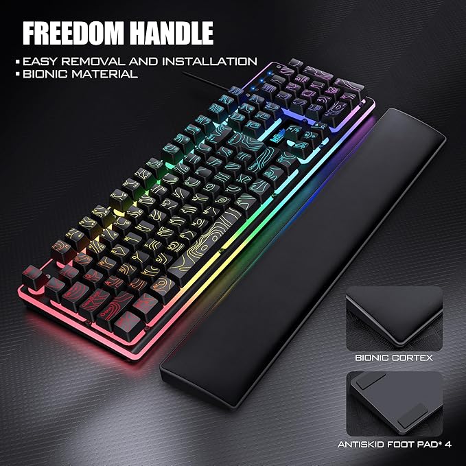 RedThunder K10 Wired Gaming Keyboard &amp Mouse Combo with Wrist Rest Adjustable RGB Mechanical Feel Anti-ghosting Keyboard + 7D 7200 DPI Mouse+Soft Leather Wrist Rest for PC Gamers (Black Lines)