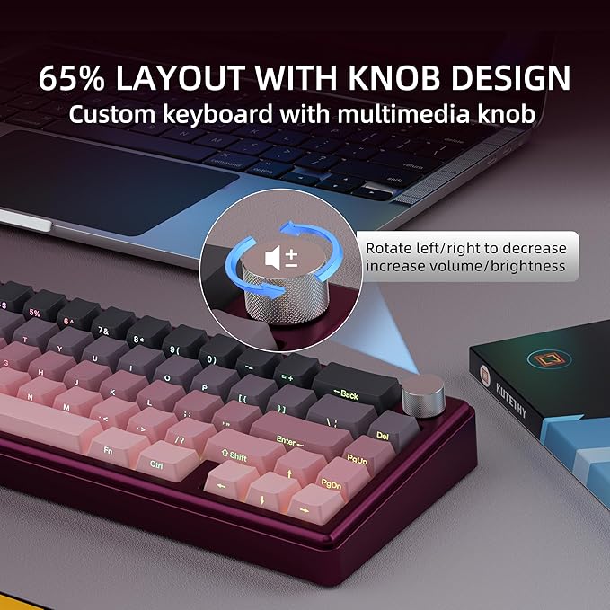 KY65 Wireless Mechanical Keyboard65% Gasket Hot Swappable Custom KeyboardRGB BacklitPre-lubed Gateron SwitchesSide Printed PBT Keycaps2.4GHz/TYPE-C/BT5.0 Mechanical Gaming Keyboards Pink&ampBla