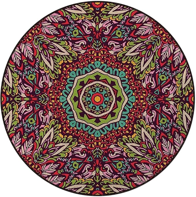 Abstract Round Rug Tile Flooring Colorful Durable Anti-Slip Hand Washable and Protects Floors 70s Party Hippie Vintage MiniMulticolor Diameter 47.2 in