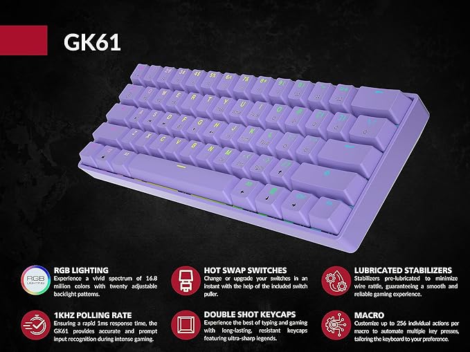 Mechanical Gaming Keyboard - 61 Keys Multi Color RGB Illuminated LED Backlit Wired Programmable for PC/Mac Gamer (Gateron Optical Brown Lavender)