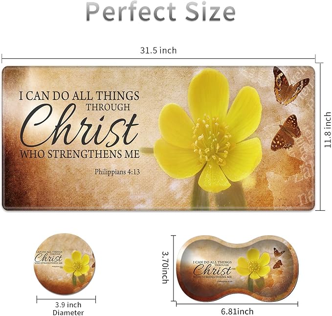 Desk Pad Mat + Wrist Rest Pad + Coasters Set Durable Office Desk Mat 31.5x 11.8 Large Gaming Mouse Pad Extended Non-Slip Rubber Base Keyboard Pad for Laptop &amp Home Bible Verse Philippians 4:1