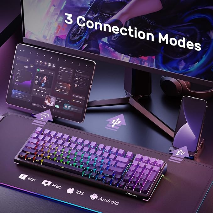 AULA F99S Mechanical Wireless Gaming Keyboard Tri-Mode Bluetooth/2.4G/USB-C Hot Swappable 99 Keys Custom Creamy Keyboard 99 Keys Full Size Computer Keyboards for PC Xbox PS5 etc (Purple Gradient)