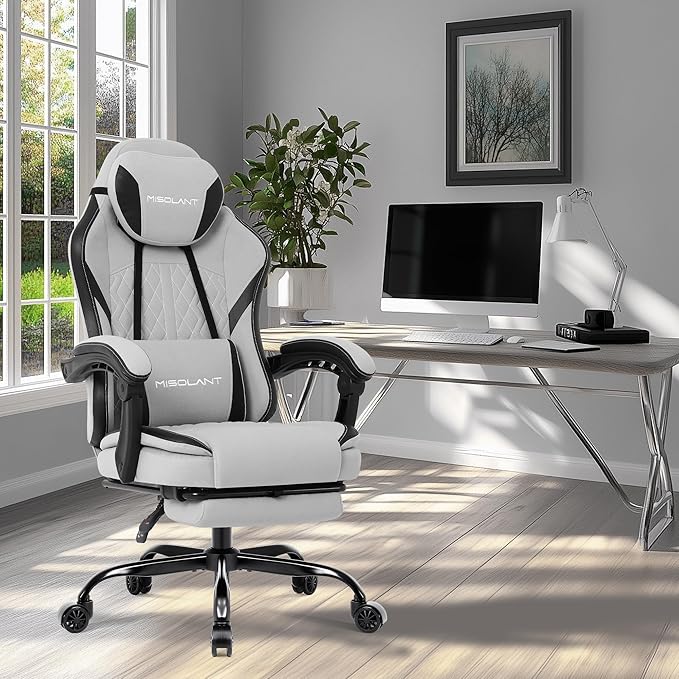 Misolant Gaming Chair Fabric Gamer Chair with footrest for Adults High Back Ergonomic Computer Game Chair with Adjustable Headrest and Massage Lumbar Support 90-155° Recline Free Gray