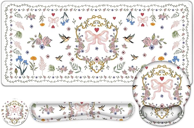 White Florals Mouse Pad XXL Large Desk Mat Extended Nature Aesthetic Desk pad 4 PCS Non-Slip Rubber Base Computer Big Mousepads for Work Game Office Home Decor I Weeds Vintage Birds