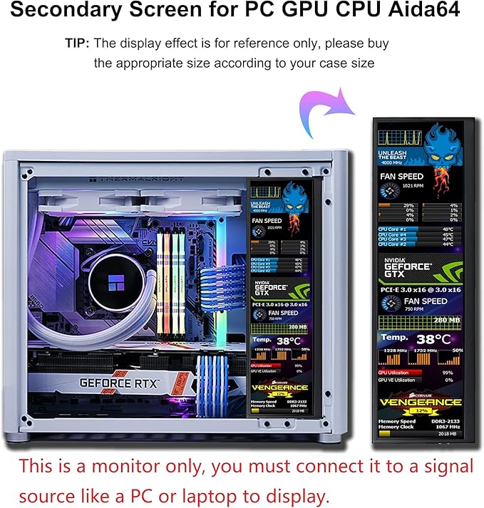 12.6 Inch Mini Touch Screen Monitor Secondary Screen FHD IPS Stretched Bar LCD Display 1920X515 HDMI for PC Laptop Computer Health Speed Windows Sub CPU GPU Temperature Display R126F01T-HB
