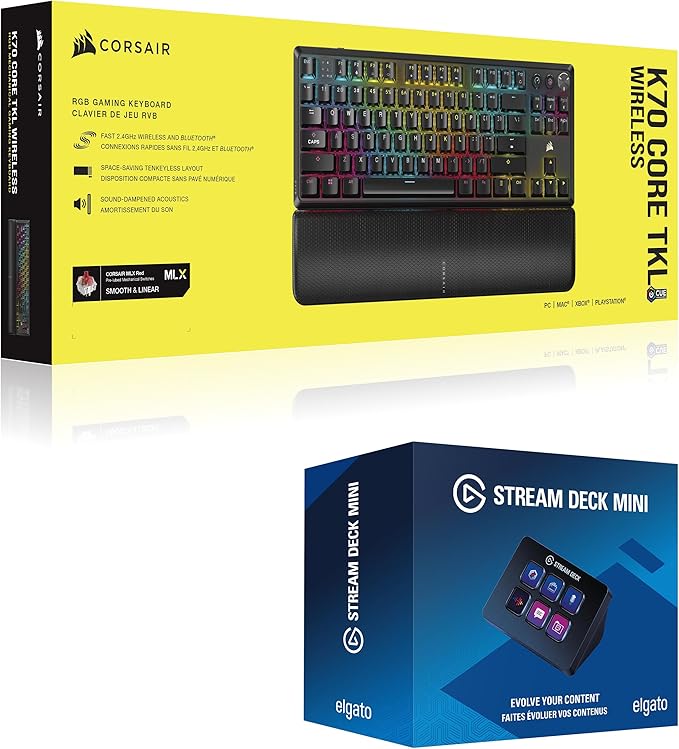 Corsair K70 CORE TKL Wireless + Elgato Stream Deck Mini Bundle - Mechanical Tenkeyless Gaming Keyboard with Studio Controller for Zoom Teams PowerPoint MS Office etc Compatible with PC/Mac