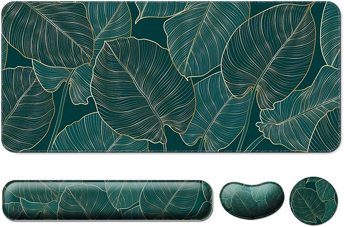 Keyboard Wrist Rest + Mouse Pad with Wrist Support + Desk Mat + Coaster 4 in 1 Set XXL Large Gaming Mousepad Cute Ergonomic Mouse Pads for Desk Computer Laptop Office Decor-Green Leaves
