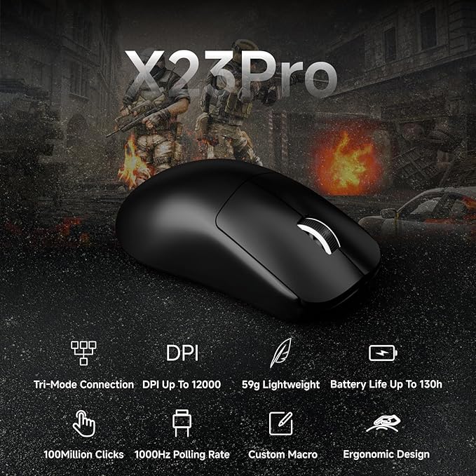 X23Pro Wireless Gaming Mouse 2.4G/BT5.0/USB-C Esports Gaming Mouse 800mAh Rechargeable Lightweight Mouse Gaming 12000 DPI Wireless Mouse with 6 Programmable Buttonsfor Laptop/PC/Mac Black