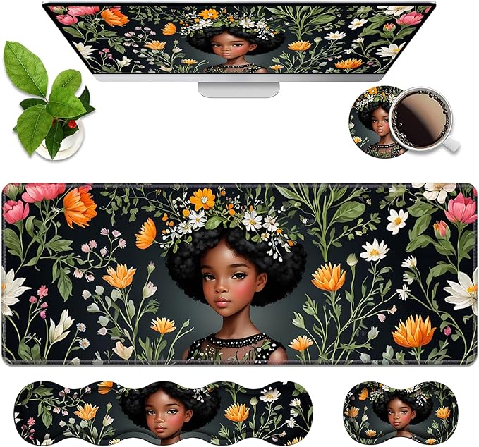 4 in 1 Ergonomic Memory Foam Mouse Pad Wrist Rest Set Large XXL Gaming Desk Pad + Keyboard Wrist Rest + Mouse Wrist Cushion + Coaster for Home Office Study Gaming African American Black Girl