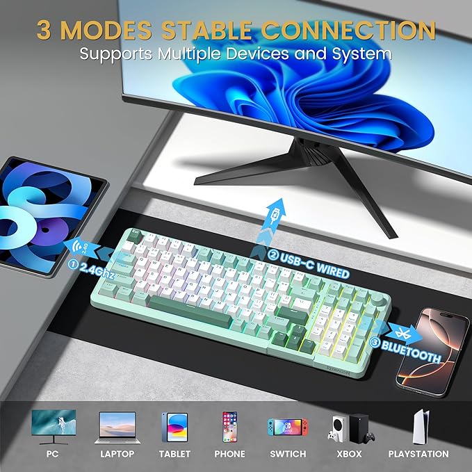 Redragon K742 Wireless Mechanical Gaming Keyboard with Knob Bluetooth 5.0/2.4GHz/USB C Wired Creamy Keyboard with Number Pad for PC Computer RGB Backlits Hot-Swappable with Linear Switches (Green)