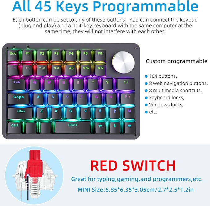 Koolertron One Handed Mechanical Gaming Keyboard 45-Key Fully Programmable Mini Keypad Mini USB Macro Keyboard with Rotating Knob RGB Backlit Red Switches for Windows PC Gamers