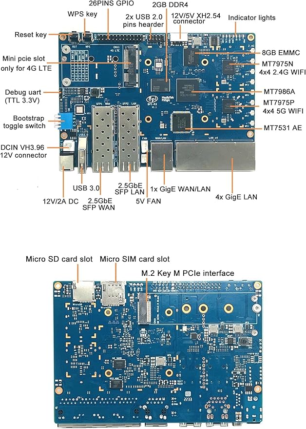 youyeetoo BPI-R3 WiFi 6 Router Development Board with MediaTek MT7986 Chip 2GB DDR RAM 8GB eMMC Flash Dual GbE LAN for IoT Router Projects M.2 Key-E PCIe Interface (Banana pi R3 Router Board Kits)