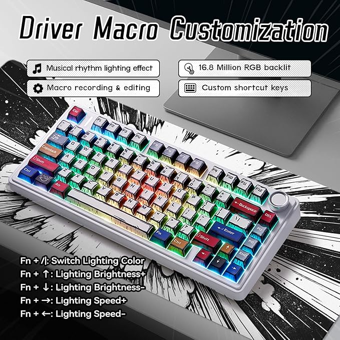 Aula F75 Wireless Mechanical KeyboardCreamy Keyboard with RGB Backlit Hot Swappable 81 Keys 75% Layout Gaming Keyboard Bluetooth/2.4GHz/Type-C Creamy Sounding - Reaper Switches