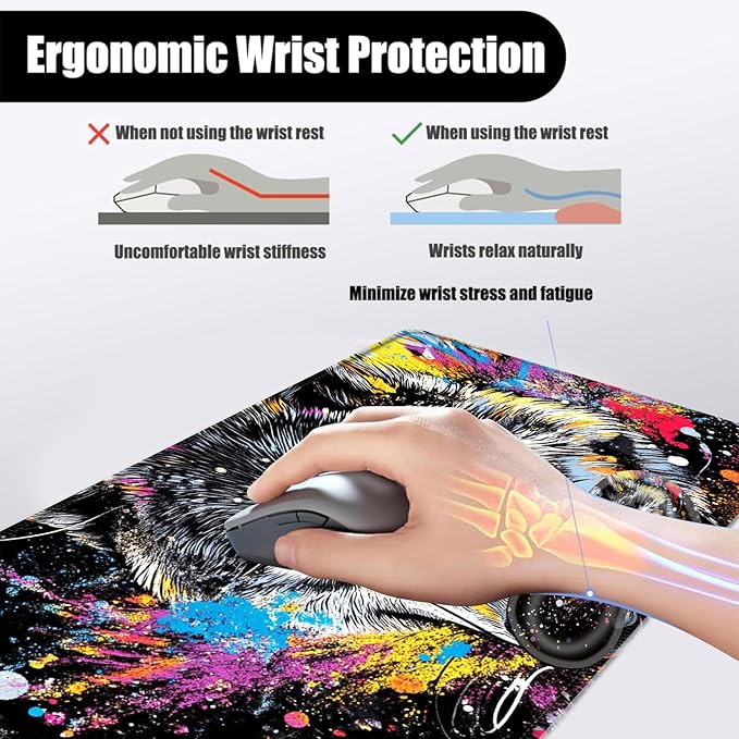Mouse PadLarge Desk Mat Set 4in1 XL Mousepad + Keyboard Wrist Rest+Mouse Wrist Rest+Coaster with Ergonomic Desk Pad for Home Office Table Computer Cover -Colorful Splatter Wolf