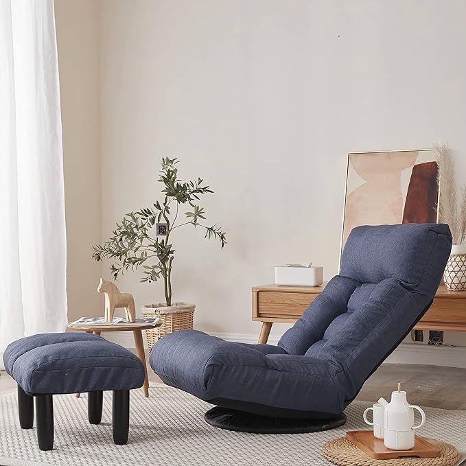 Henf Floor Gaming Chair with footrest 360 Degree Swivel Sofa Reclining Chair Lazy Sofa Tatami Leisure Sofa Adjustable 3-Position Floor Chair Folding Sofa Lounger Navy Blue