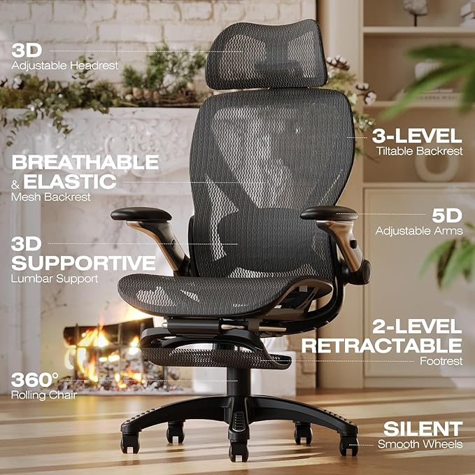 ELABEST X100 Ergonomic Mesh Office Chair with Footrest Big and Tall Hone Desk Chair with 5D Flip-Up Arms Adjustable 3D Lumbar SupportGaming &amp Executive Computer Chairs