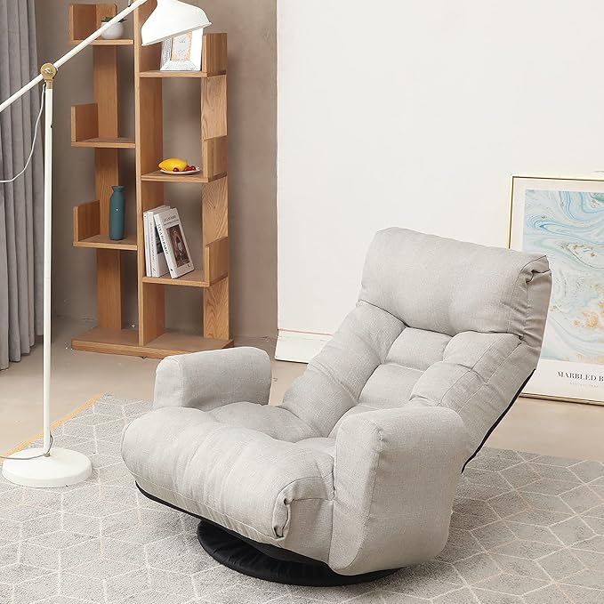 Yoglad Japanese Style Chaise Lounge Sofa 360-Degree Swivel Chair Floor Gaming Chair Lazy Sofa for Reading Game Meditating 3 Adjustable Positions with Comfortable Backrest (Gray)