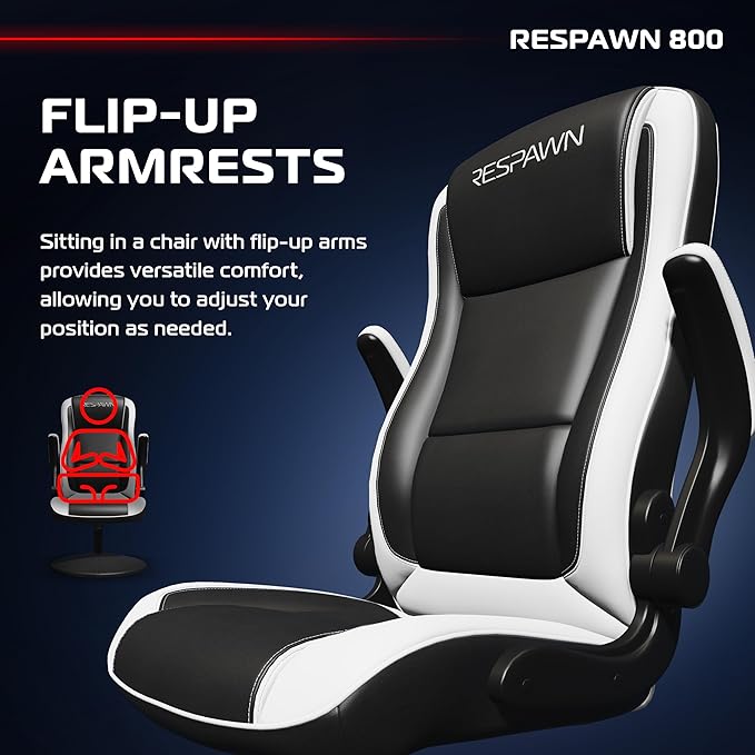RESPAWN 800 Swivel Rocker Gaming Chair - Ergonomic Floor Gaming Seat with Lumbar Support Flip Up Armrest High Back Pedestal Base Comfortable No Wheels Console Video Game Rocker Chair - White
