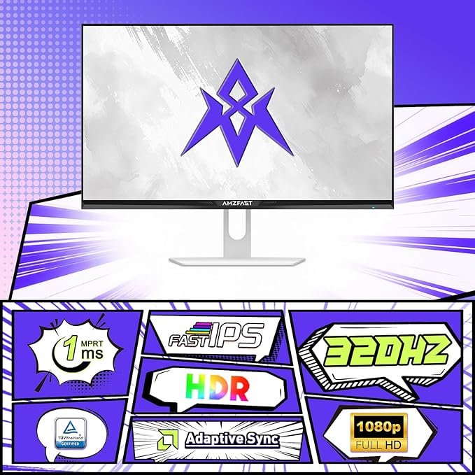 Amzfast 25 Inch White Gaming Monitor 320Hz/300Hz/240Hz FHD 1080P 1ms Fast IPS Monitor 12 Months Warranty Exchange (DP Cable) TÜV Rheinland Eye Care | AI Crosshair Night Vision Function