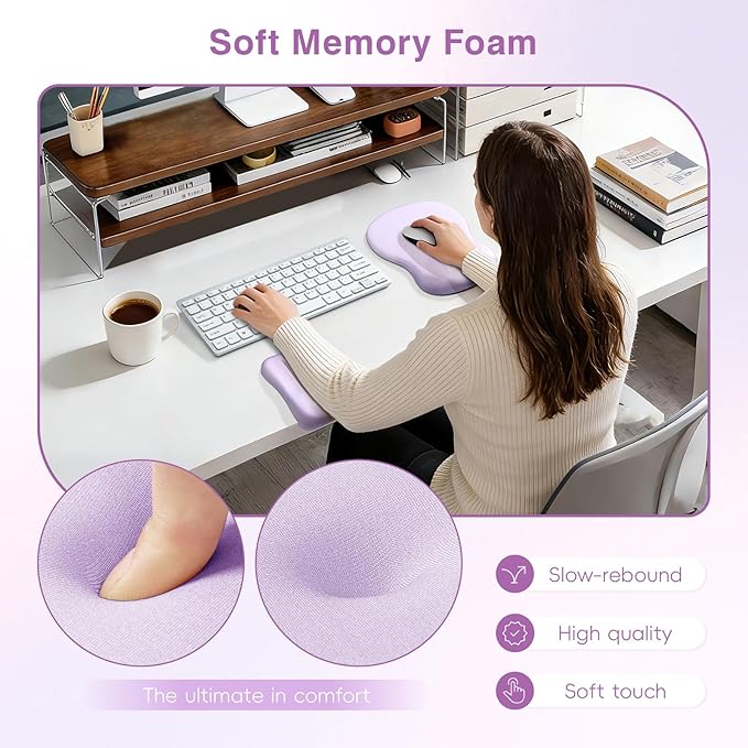 Ospelelf Mouse Pad with Wrist Rest Set Foam L-Shaped Desk Elbow Pad Ergonomic Desk Edge Cushion Anti-Slip Rubber Bottom Office Women Desk Accessories for Computer Laptop and Gaming Purple