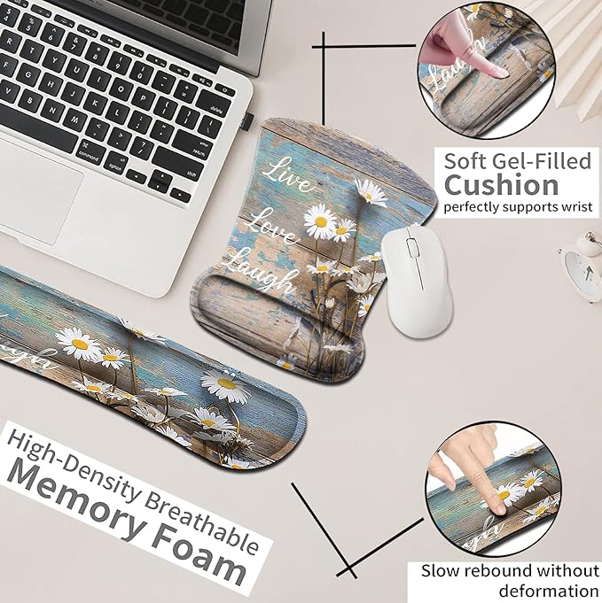 Mouse Pad for Women Keyboard Wrist Rest Relieves FatigueWhite Daisy Flowers on Wooden Ergonomic Gel Mouse Pad Non-Slip and Durable Memory Foam Keyboard Wrist Rest Suitable for Office Typing