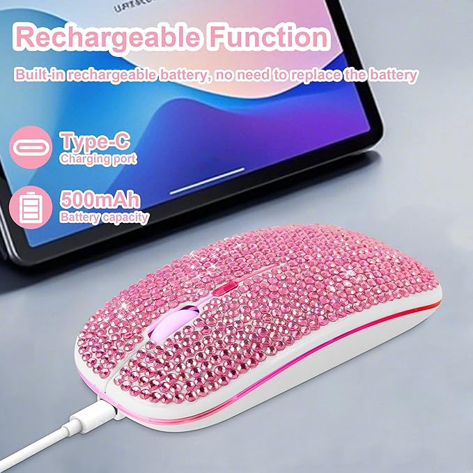Wireless Mouse Bluetooth Cute Pink Bling Crystal Rhinestone Computer Mice with LED Light 2.4GHz &amp Bluetooth Dual Mode Rechargeable Silent USB Cordless Mouse for Laptop PC Tablet Phone Kids Adults