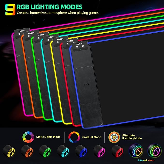 Mouse Pad with Wireless Charging RGB Gaming Mousepad Large Desk Mat with Ultra-Smooth Surface Non-Slip Mouse Mat Waterproof Computer Keyboard Pad with 18W QC Power Adapter 800x400x4MM Black