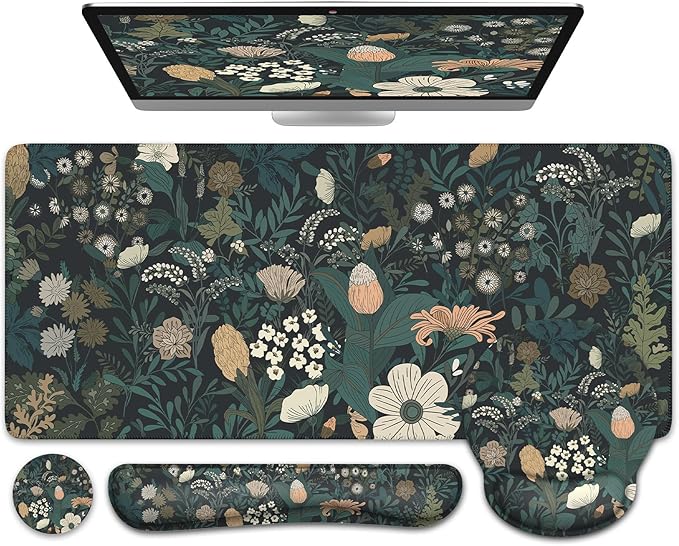 iCasso Desk Cover Mat 4in1 Floral Large Mouse Pad with Wrist Rest Desk Matt for Desktop Anti-Slip XXL Big Computer Ergonomic Mousepad with Wrist Support for Keyboard and Mouse (Weeds)