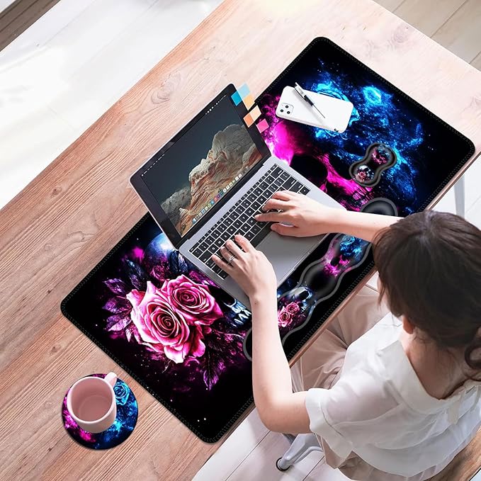 Mouse PadLarge Desk Mat Set 4in1 XL Mousepad + Keyboard Wrist Rest+Mouse Wrist Rest+Coaster with Ergonomic Desk Pad for Home Office Table Computer Cover -Neon Skulls with Roses