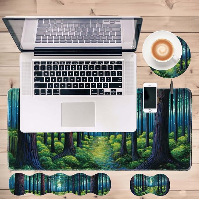 Keyboard Mouse Pad SetLarge Desk Pad+Keyboard Wrist Rest+Mouse Pad Wrist Support+CoasterEasy Typing Pain Relief Non-Slip Mousepad Wrist Support Mousepad Set Home OfficeVan Gogh Forest