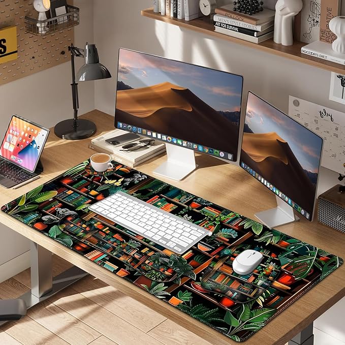 Mouse Pad with Wrist Support 4 in1 Set XXL Big Game Mousepad + Keyboard Wrist Rest + Mouse Wrist Rest Pad +Coaster Gaming Mat for Home Office Work Computer Laptop PC I Green Vine Book Forest