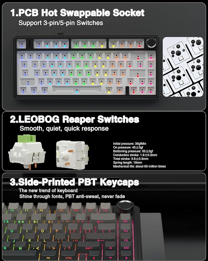 AULA F75 Pro Wireless Mechanical Keyboard75% Hot Swappable Custom Keyboard with KnobRGB BacklitPre-lubed Reaper SwitchesSide Printed PBT Keycaps2.4GHz/USB-C/BT5.0 Mechanical Gaming Keyboards