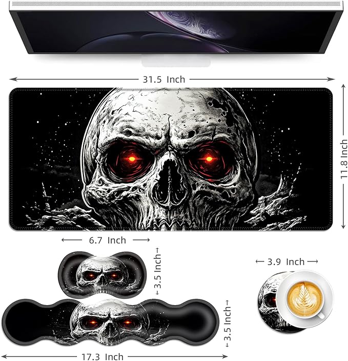 Keyboard Mouse Pad Set Extended Gaming Mouse Pad+Ergonomics Keyboard Wrist Rest Support Memory Foam Easy Typing Pain Relief 4Pcs XL Ultra Thick Desk MatRed Eyed Skull Dark