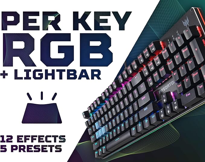 acer Predator Aethon 303 Wired Gaming Keyboard-Kailh Blue Mechanical Switches|RGB Illuminated Keyboard|12 Backlight Effects|5 Pre-Set Gaming Modes &amp 3 Sidelight Effects|100% Anti-Ghosting(Pack of