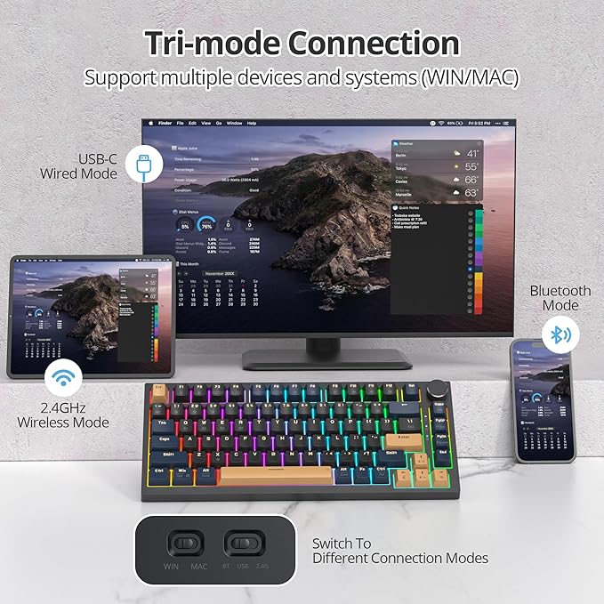 75% Wireless Creamy Mechanical Keyboard Hot Swappable Custom Keyboard RGB Backlit Gasket Gaming Keyboard 2.4G/BT5.0/USB-C Mechanical Gaming Keyboard Pre-lubed Linear Gray Cream Switches