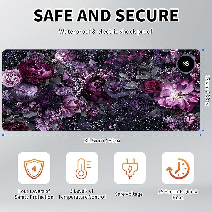 Heated Mouse Pad Hand Warmer Warm Desk Pad Mousepad Desk Mat with 3 Levels Heating and Auto Shut Down 31.5 x 13 inch PU Leather Warmer Keyboard Mat for Gaming Laptop Office Home Purple Flower