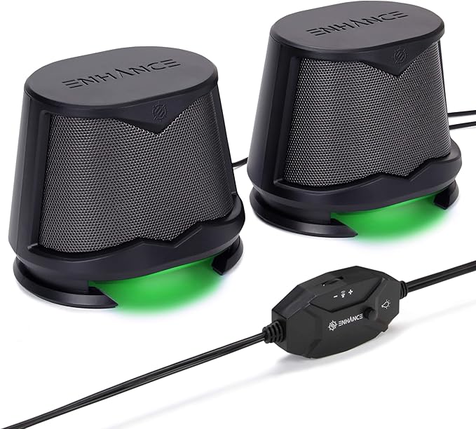 ENHANCE SB2 USB Computer Speakers 2.0 Stereo with Green LED Lighting 10W Peak High Excursion Drivers 3.5 mm Aux in Line Volume and Light Switch PC Laptop Desktop
