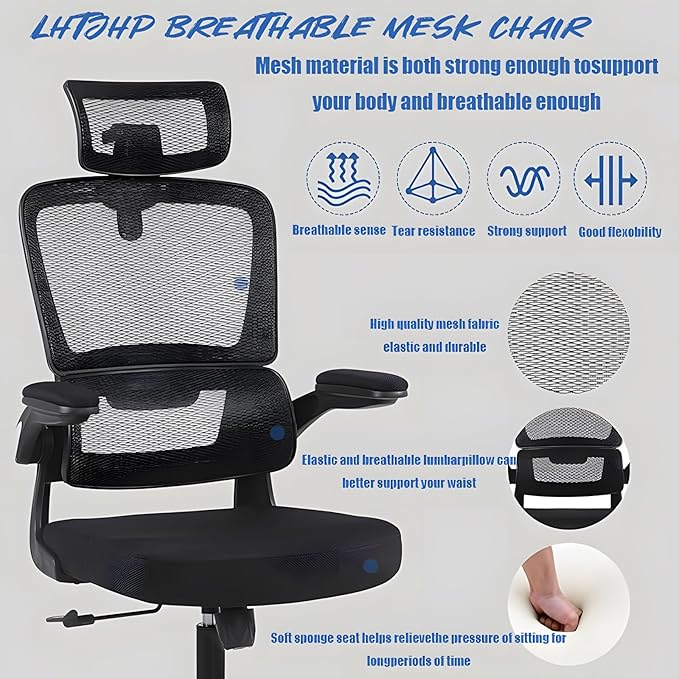 Ergonomic Office Desk Chair330 LBS Home Mesh Office Desk ChairsLumbar Support Computer Chair with Flip-up ArmsHigh Back Office Chair for Long Hours Office Chair for Study and WorkBlack