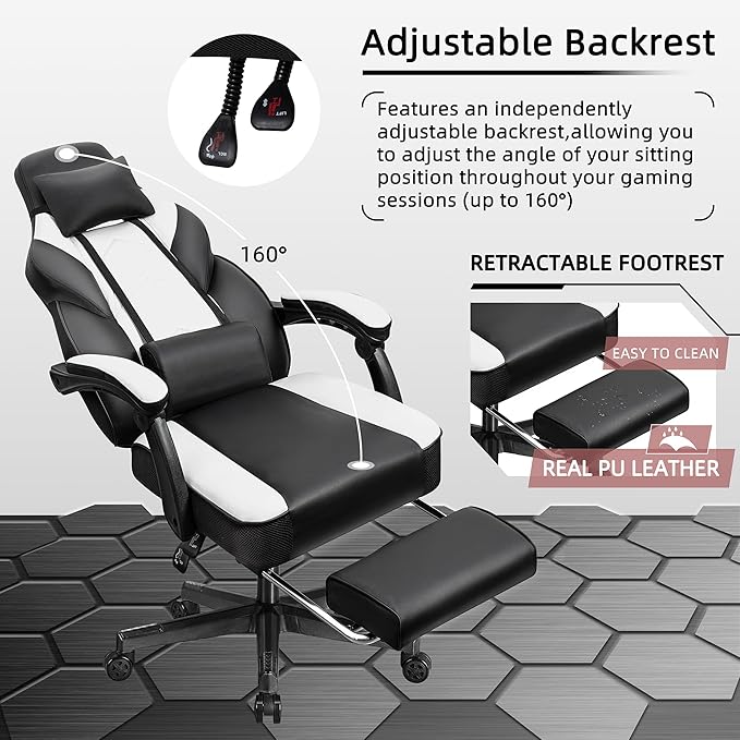 Shintenchi Gaming ChairVideo Game Chair with footrest and Massage Lumbar SupportHeight Adjustable Game Chair with 360°Swivel Seat Ergonomic Computer Chair with Headrest for Office or Gaming(White)
