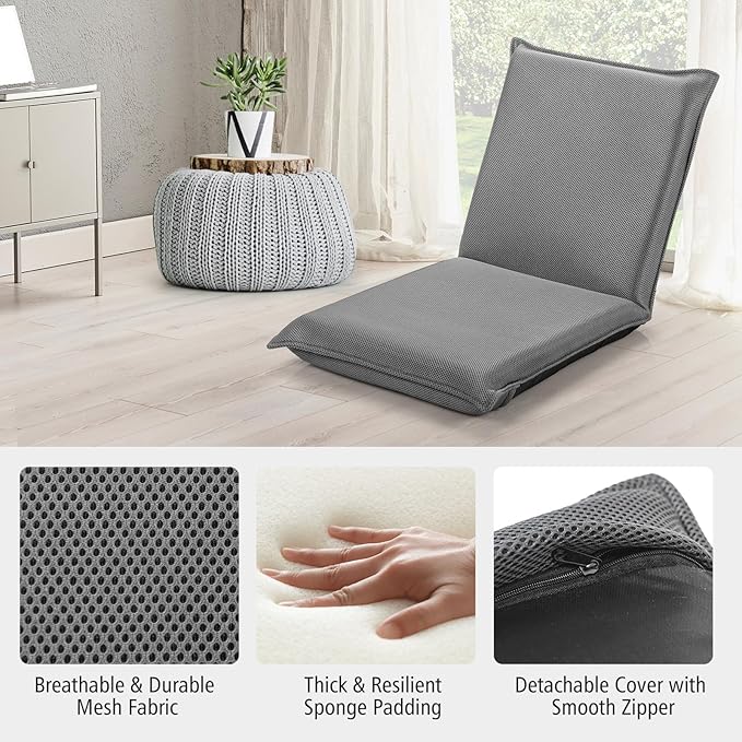 S AFSTAR Adjustable Floor Chair Cushioned Lounger Recliner with 6-Position Comfortable Back Support &amp Thick Padded Lazy Sofa Floor Gaming Chair Floor Seat for Gaming Reading Meditation (Grey)