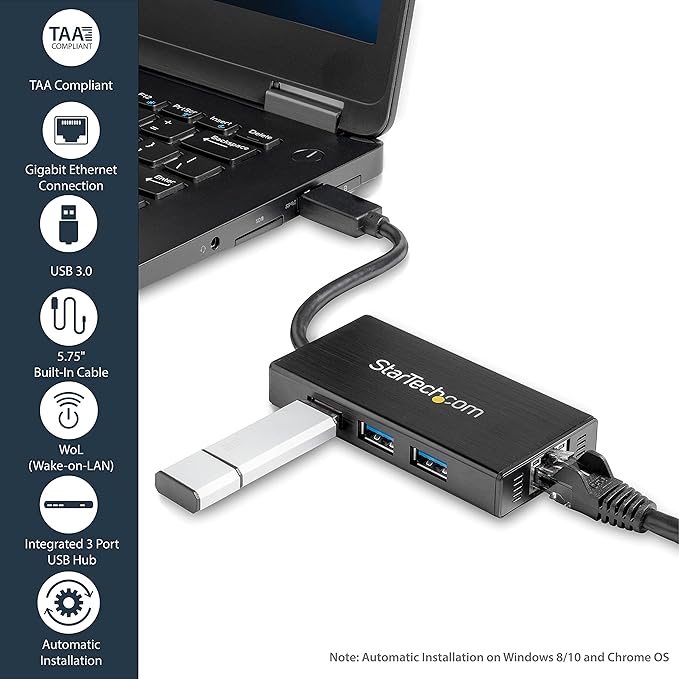 StarTech.com USB 3.0 Hub with Gigabit Ethernet Adapter - 5Gbps - 3 Port - NIC - USB Network / LAN Adapter - Windows &amp Mac Compatible  TAA (ST3300G3UA)