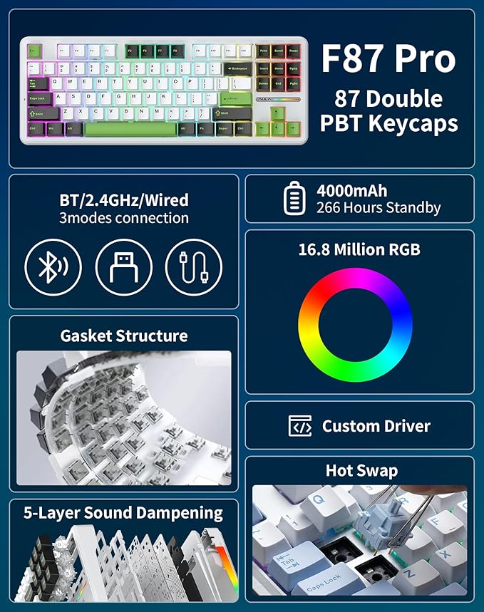 Aula F87 Pro Wireless Mechanical Keyboard 87-Key TKL Tri-Mode (BT5.0/2.4G/USB-C) Hot Swappable Gasket Mount Keyboard 4000mAh Battery RGB Backlit PBT Keycaps Custom Gaming Keyboard for PC Mac