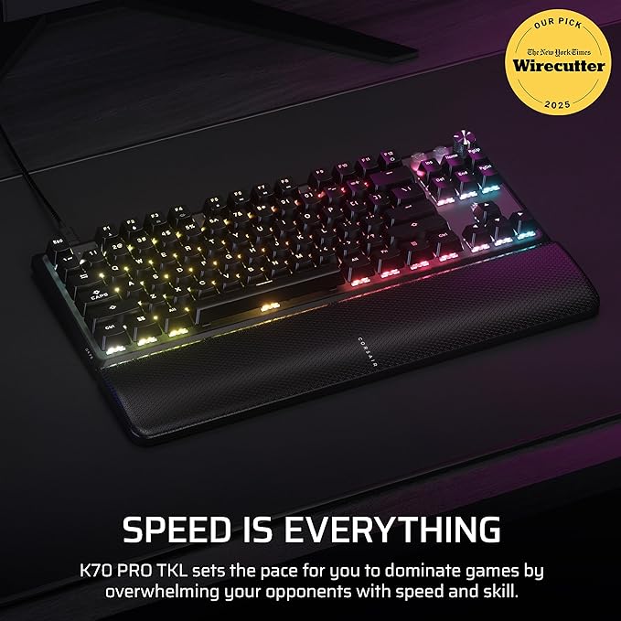 Corsair K70 PRO TKL RGB Tenkeyless Mechanical Wired Gaming Keyboard – Pre-Lubed Hall Effect MGX Hyperdrive Adjustable Switches Simultaneous SOCD and Rapid Trigger ABS Double-Shot QWERTY NA – Black